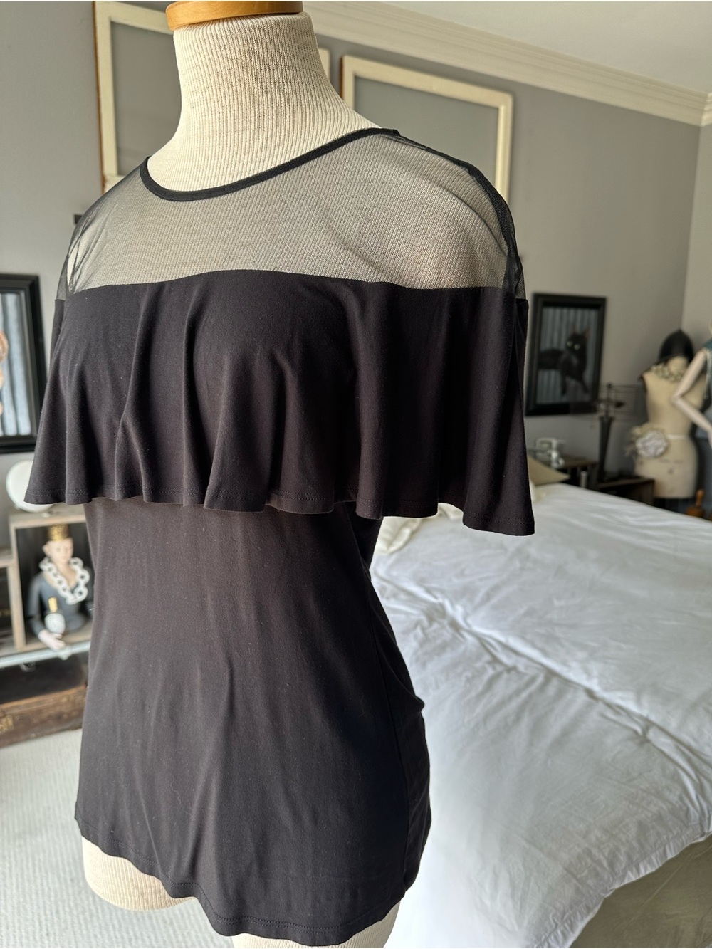 INC Black Short-Sleeve Ruffle Mesh Yoke Tee, size medium